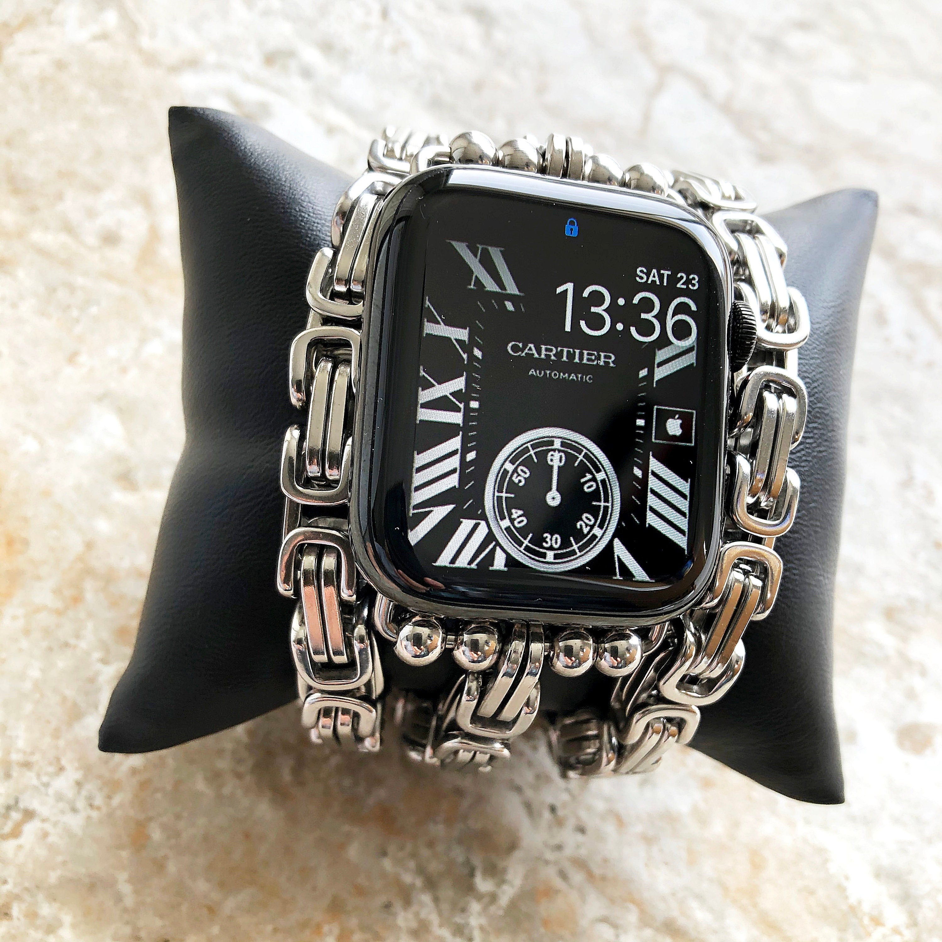 Apple Band Bracelet for iWatch Ultra 2 49mm and 9 8 Series 41mm 45mm Case Byzantine 8mm Chain Silver Stainless Steel Strap Tarnish Resistant